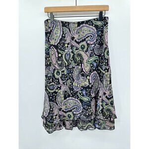 Vintage 90's Black Purple Paisley Midi Skirt With Ruffled Hem